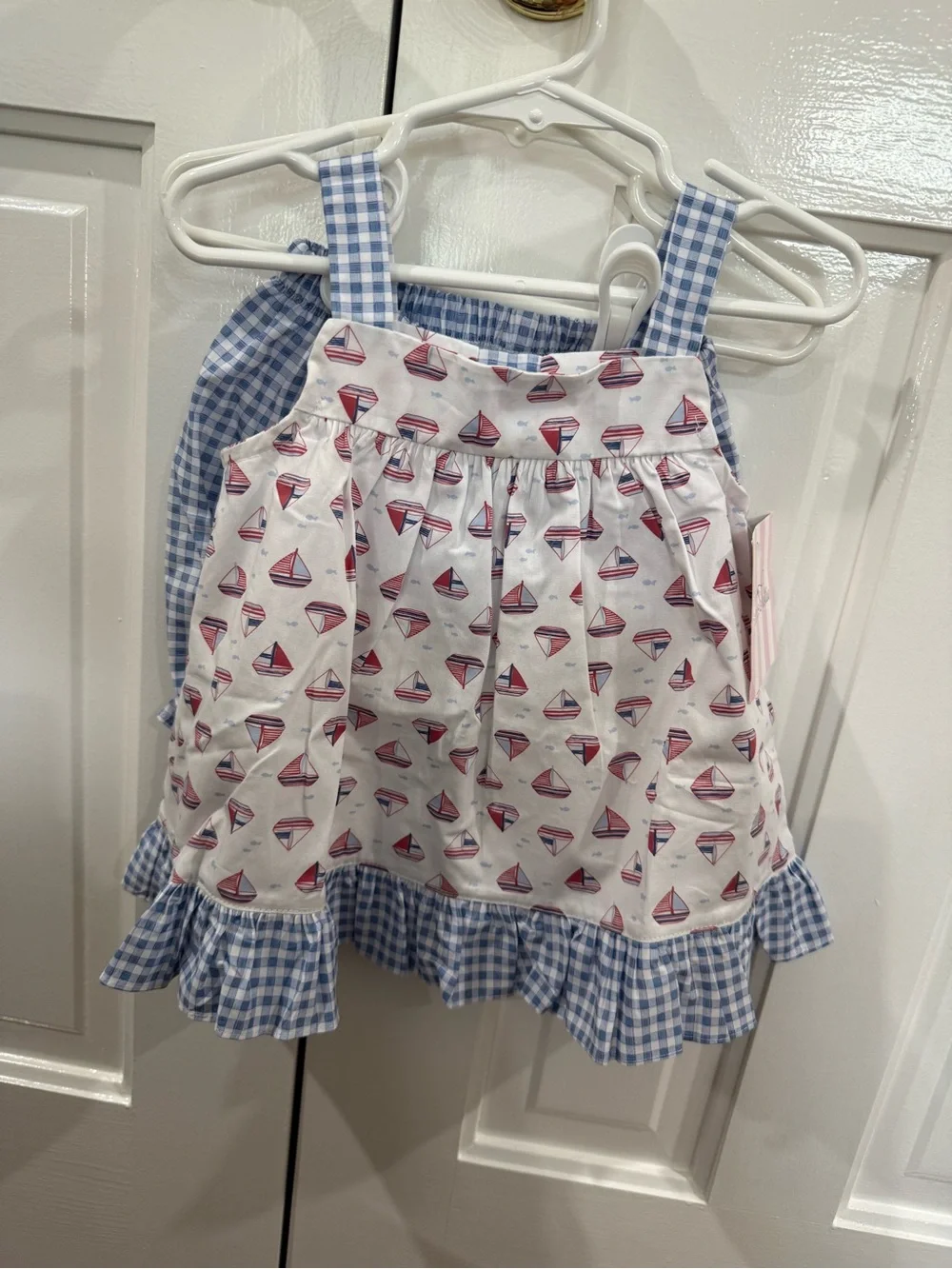 James & Lottie NWT Girls Blue Gingham & White/Red Sailboat Dress 3T